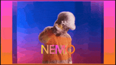a person in a fur coat and hat is standing in front of a neon sign that says nemo
