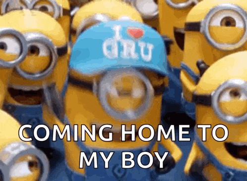 a group of minions with one wearing a hat that says dru