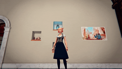 a woman is standing on one leg in front of a wall with pictures on it