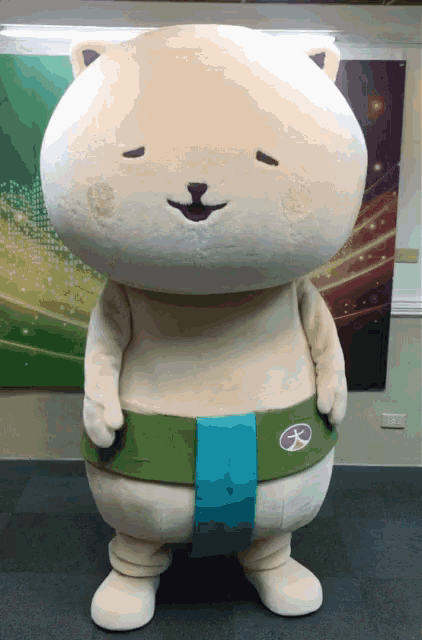 a stuffed animal in a sumo wrestler costume is standing in front of a green wall