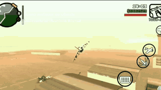 a screenshot of a video game shows a plane flying through the air