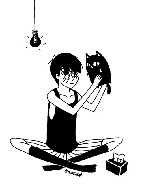a black and white drawing of a man sitting on the floor holding a black cat .
