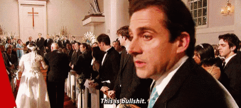 a man in a suit says this is bullshit in front of a wedding ceremony