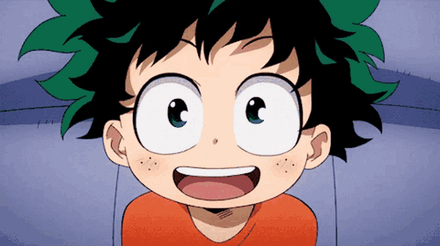 a cartoon character with green hair is smiling with his mouth open