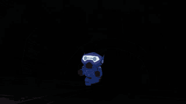 a cartoon character in a dark room with a blue helmet on