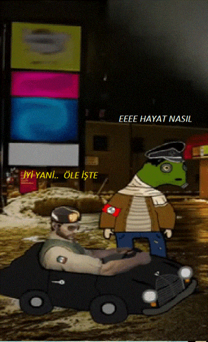 a cartoon of a man in a gas mask driving a car with the words eeee hayat nasil below him