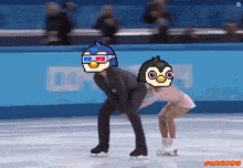 a man and a woman are ice skating on a rink