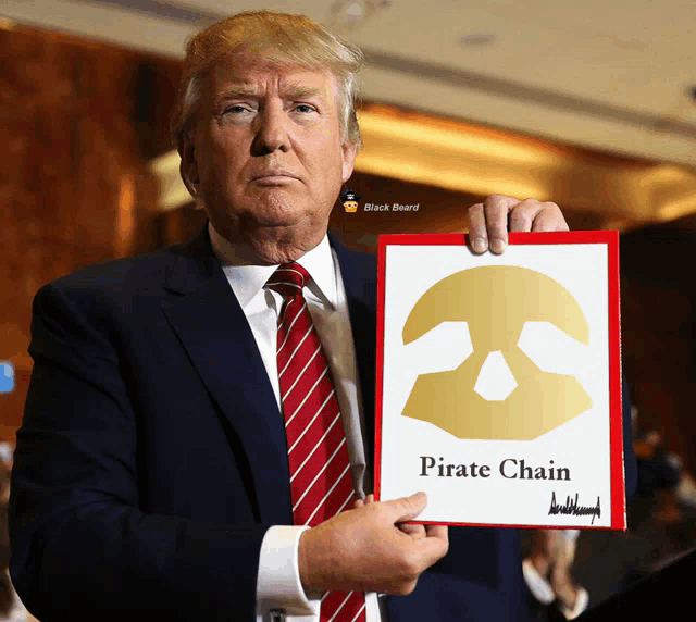 a man in a suit and tie holds up a pirate chain sign