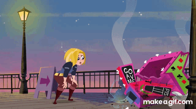 a girl in a purple hoodie stands next to a bat and a sign that says " make a gif "