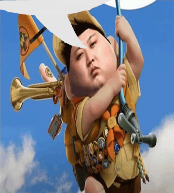 a cartoon of a boy scout with a trumpet and badges on his chest