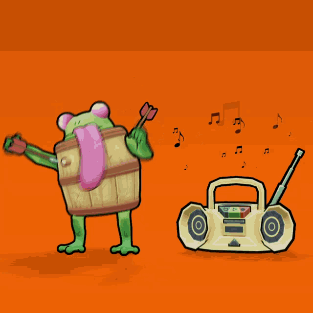 a frog with a pink tongue is dancing next to a radio