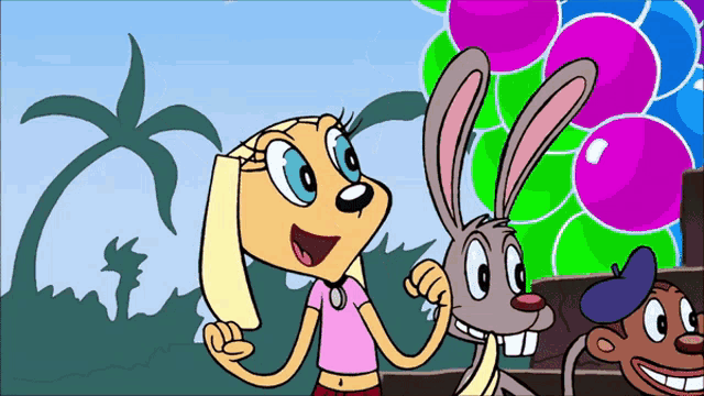 a cartoon of a dog and a rabbit with balloons