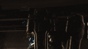 a robot with a glowing blue armor is standing next to a large shield
