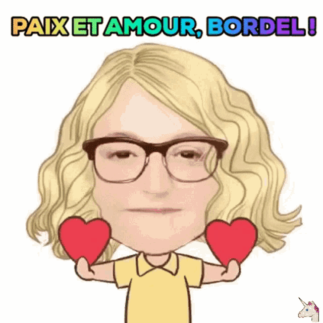 a cartoon of a woman holding two red hearts in her hands .