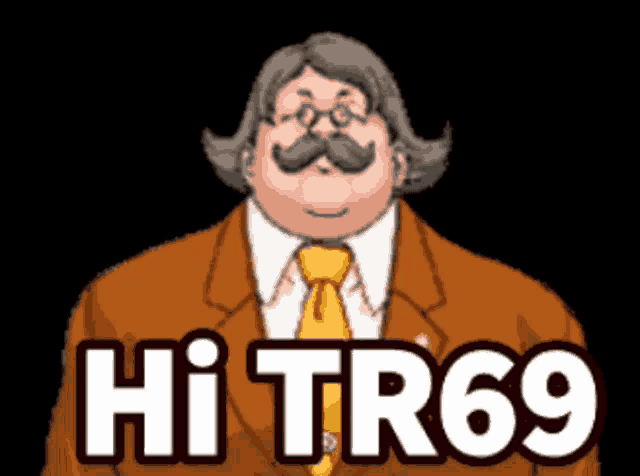 a man with glasses and a mustache says hi tr69 on a black background