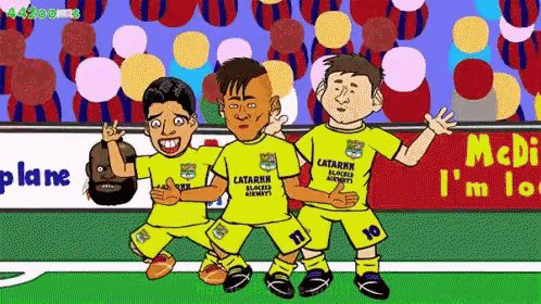 a cartoon of three soccer players wearing yellow shirts that say catarren on them