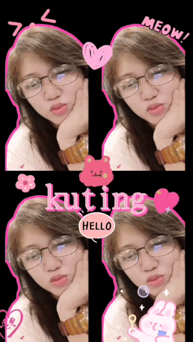 a picture of a girl with glasses and the words kuting hello on it