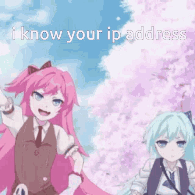 two anime girls are standing next to each other with the words i know your ip address on the bottom