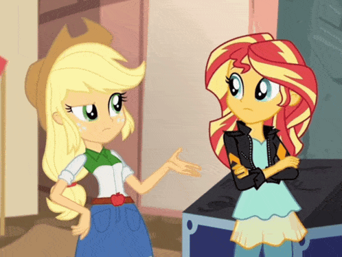 a cartoon of applejack and sunset shimmer talking