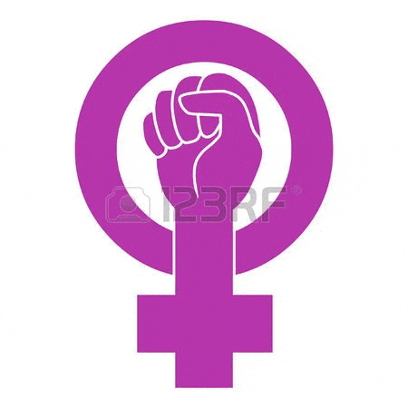 a female symbol with a fist in a circle on a white background .