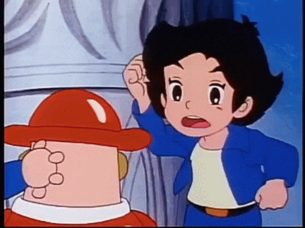 a cartoon character with a red hat is talking to a boy in a blue jacket