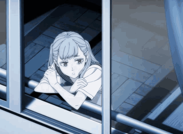 a girl with white hair is looking out of a window