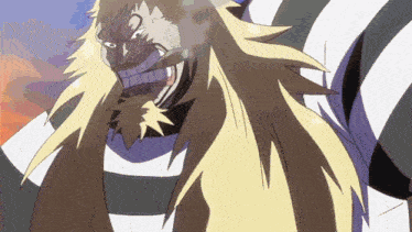 a cartoon character with a beard and long blonde hair is wearing a black and white striped shirt