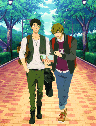 two anime characters are walking down a sidewalk and one has a jacket that says 100