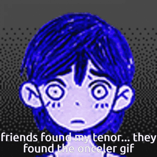 a pixel art of a girl with blue hair and the words friends found my tenor they found the onceler gif