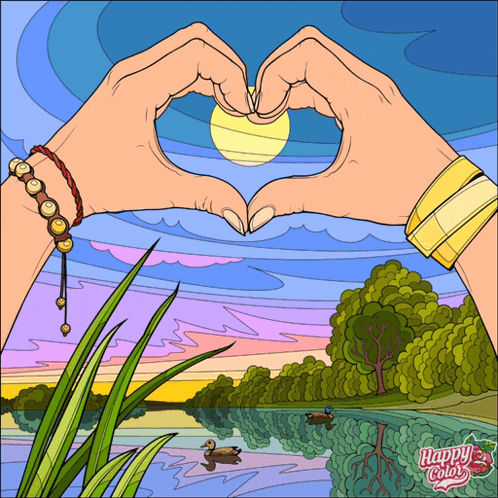 a drawing of a woman 's hands making a heart shape with the words happy color on the bottom