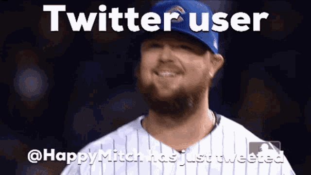 a man with a beard is wearing a blue hat and smiling with the words twitter user