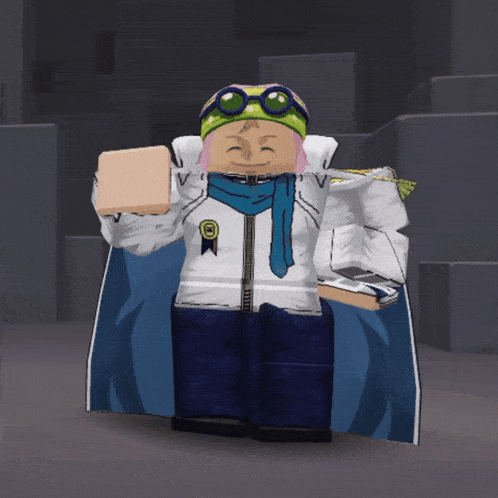 a cartoon character wearing a white jacket and a blue cape holds a piece of bread