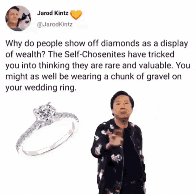 a picture of a diamond ring and a man with the word no on it