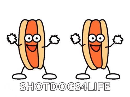 a cartoon of two hot dogs with arms and legs and the words shotdogs4life