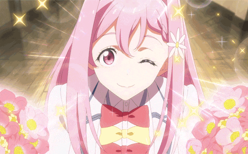 a girl with pink hair and a flower in her hair winks