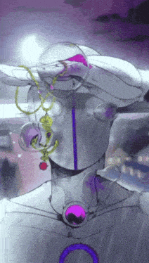 a drawing of a person with a purple necklace around their neck