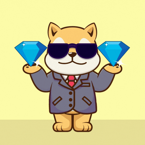 a cartoon dog wearing a suit and tie holds two diamonds