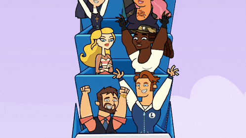 a group of cartoon characters are sitting on a roller coaster with the letter r on the front