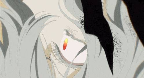 a close up of a person 's face with a red eye and white hair