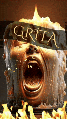 a candle with a screaming face and the word grita above it