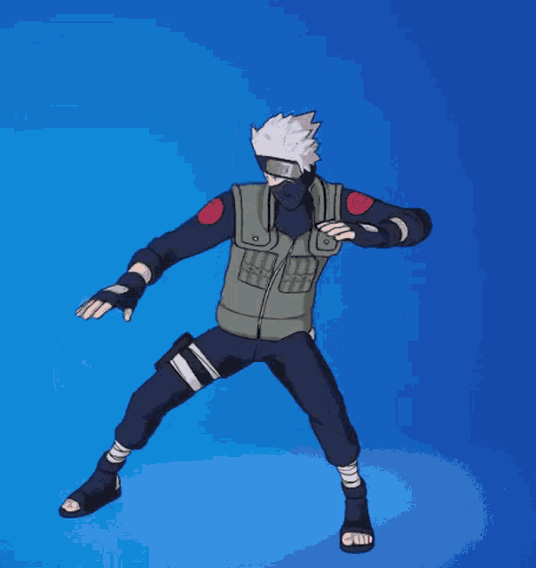 a cartoon character with a mask on his face is dancing on a blue background