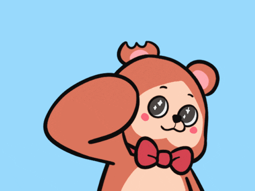 a cartoon teddy bear with a bow tie giving a thumbs up