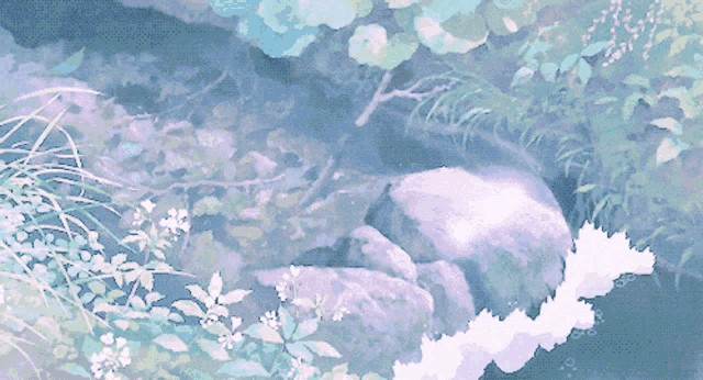 a painting of a river surrounded by flowers and plants