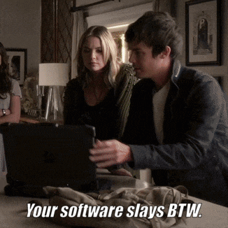 a man and a woman looking at a laptop with the words your software slays btw