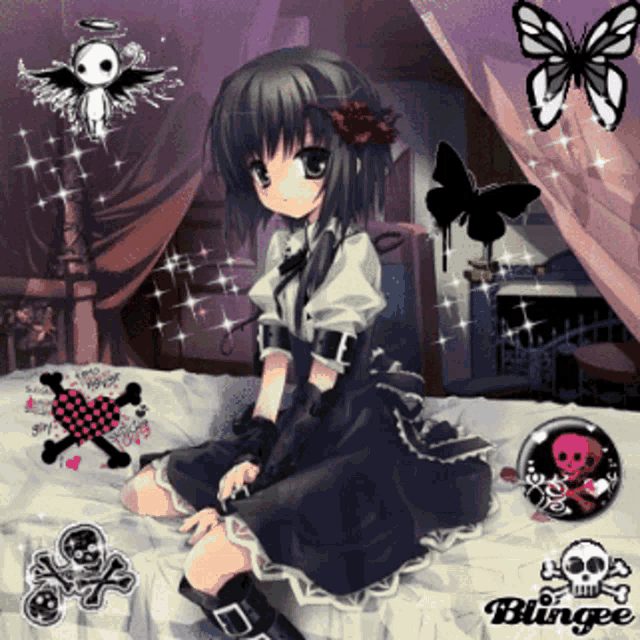 a girl in a black dress is sitting on a bed surrounded by butterflies and skulls