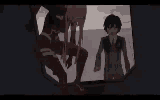 a man and a girl are looking out a window