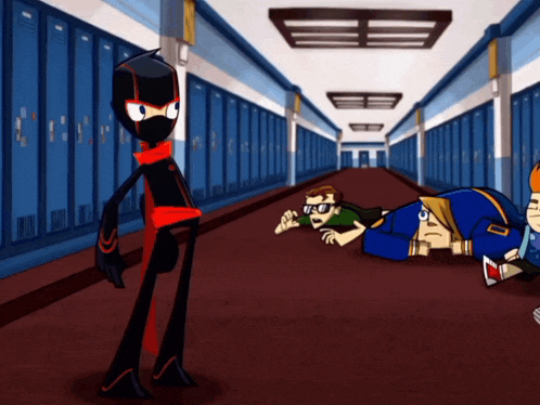 a cartoon of a ninja standing in a hallway with people laying on the floor