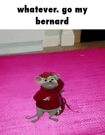 a cartoon mouse is standing on a pink rug with the words whatever go my bernard above it