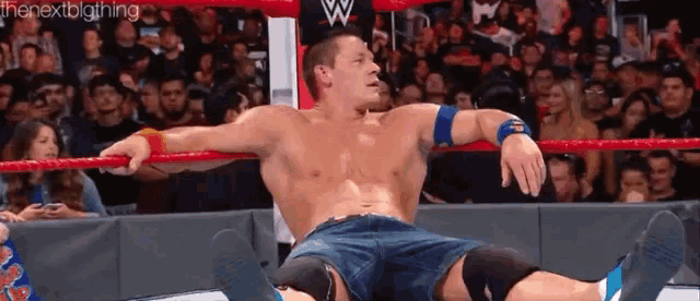 a shirtless wrestler is laying on the ground in a wrestling ring