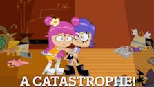 a cartoon of two girls standing next to each other with the words " a catastrophe " below them